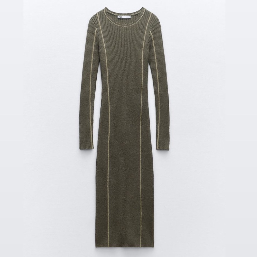 Zara Green and Tan Knit Midi Dress
